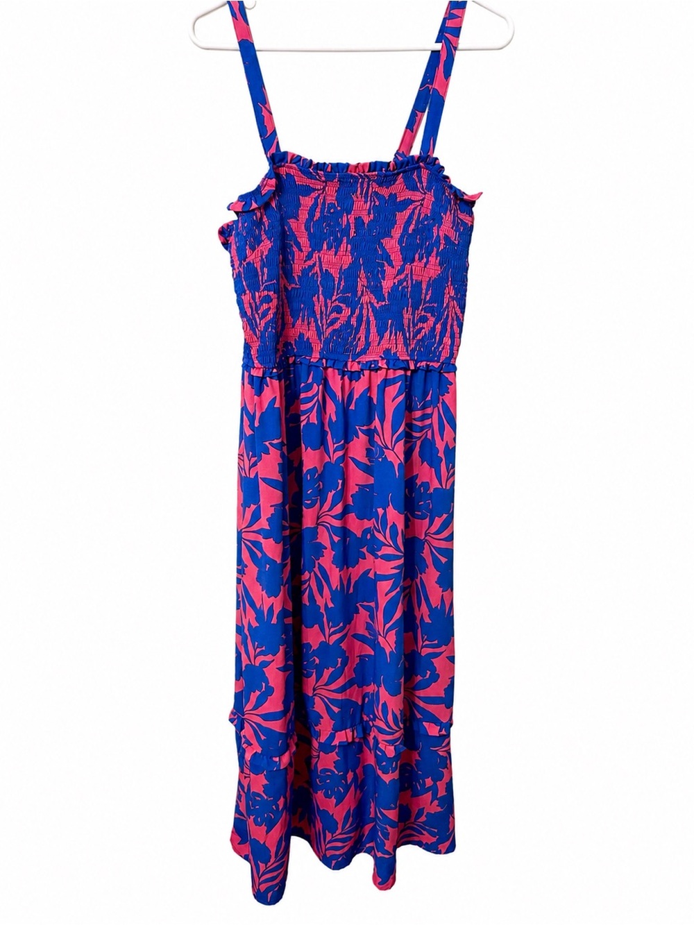 Smocked Maxi Dress in Bold Blue and Pink Floral